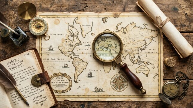 Vintage exploration tools laid out on a wooden table with an old world map