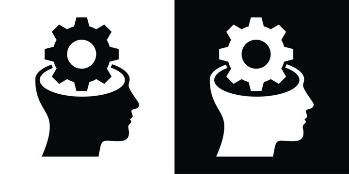 Human head silhouette with a gear icon inside, symbolizing logical thinking, brain mechanics, and problem-solving.
