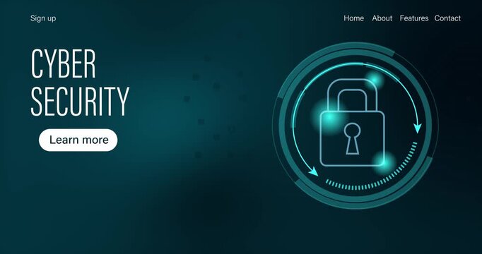 Cyber security motion design. Modern technology background representing cyber protection, information privacy and secure data. Neon banner with glowing lock. Animated graphics