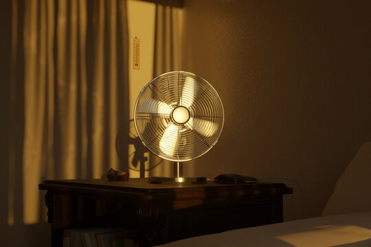 3d rendering of an electric fan in the evening sunlight. Concept tropical heat