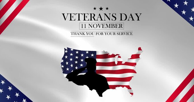 Veterans Day motion design. Patriotic banner with US flag and silhouettes of soldiers in uniform. Holiday design honoring heroes, military veterans and their service to America. Animated graphics