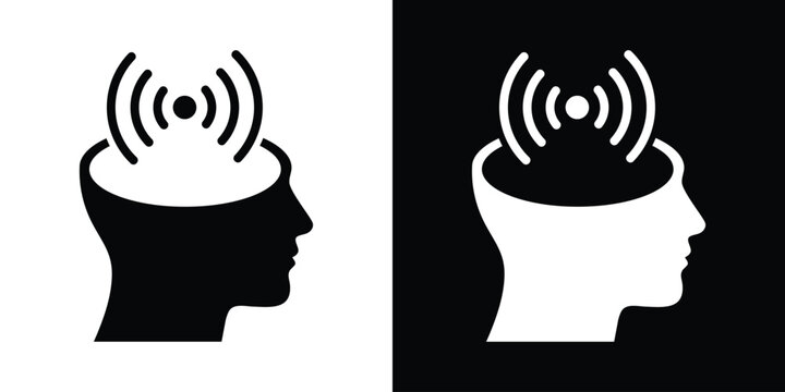 Human head profile with a broadcasting antenna icon, representing communication, mindset signals, and telepathy concepts.