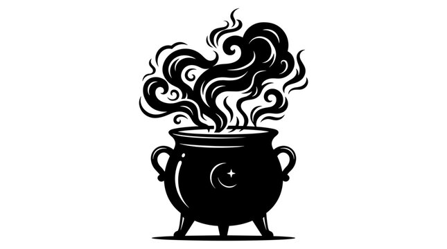 Black silhouette of a witch cauldron with magical steam rising