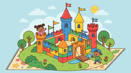 Fototapeta premium Whimsical illustration of children playing with a colorful block castle, fostering creative imagination and adventure in a joyful, vibrant outdoor setting