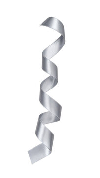 Elegant silver satin ribbon curling gracefully in a vertical spiral shape presenting a luxurious decorative element&nbsp;