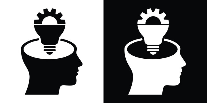 Profile of a human head with a gear emerging from a light bulb, symbolizing industrial logic, design thought, and productivity.