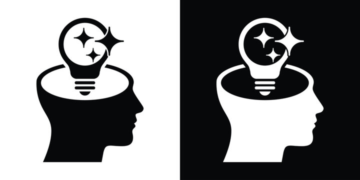 Profile of a human head with a sparkling light bulb inside, representing bright ideas, creative inspiration, and sudden realization.