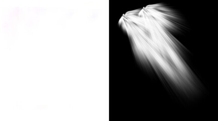 Naklejka premium Cinematic light rays on black background, ethereal sunbeams and volumetric fog effect, dramatic white light flare for photo editing and compositing