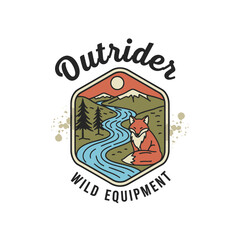 Obraz premium Retro fox in wilderness outrider wild equipment emblem