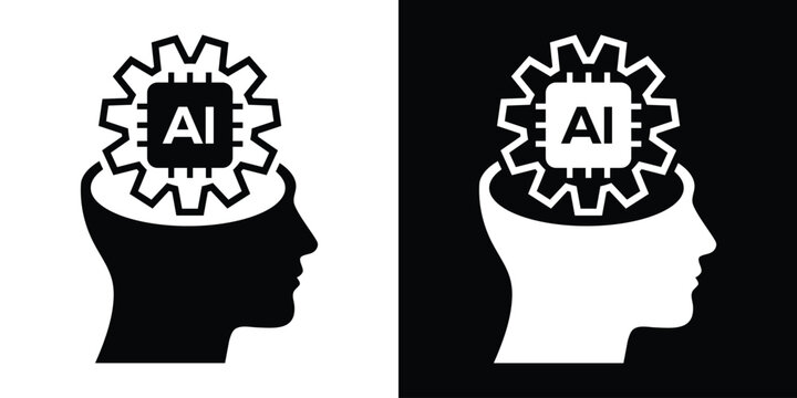Human profile silhouette with AI microchip and gear wheel icon inside brain. Concepts for artificial intelligence and machine learning.
