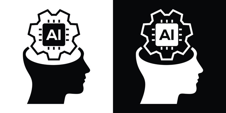 Human profile silhouette with AI microchip and gear wheel icon inside brain. Concepts for artificial intelligence and machine learning.