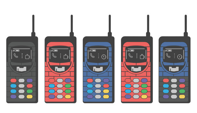Set of five retro mobile phones with colorful buttons shown in a flat vector illustration style representing vintage telecommunication devices.