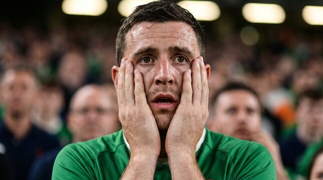A distraught man wearing a green jersey clutches his face conveying immense despair and shock during a high stakes football match in a crowded stadium