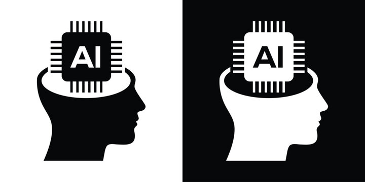 Human head silhouette with an AI microchip chip inside the brain. Conceptual vector icon for artificial intelligence, tech mind, and data.