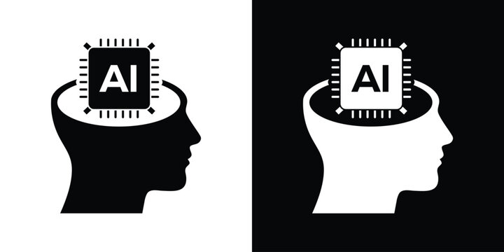 Human head silhouette with an AI microchip chip inside the brain. Conceptual vector icon for artificial intelligence, tech mind, and data.