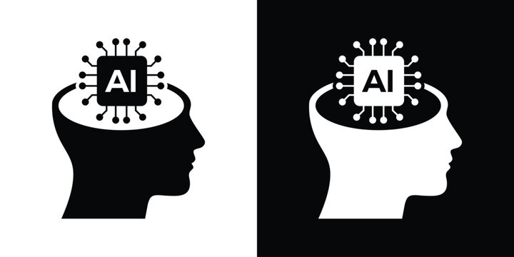 Human head silhouette with an AI microchip chip inside the brain. Conceptual vector icon for artificial intelligence, tech mind, and data.