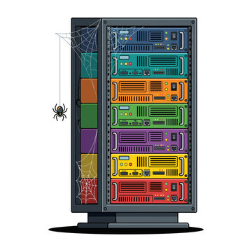 Spiderwebs drape a serverrack while a spider crawls, symbolizing outdated hardware, legacy technology, and mounting technical debt