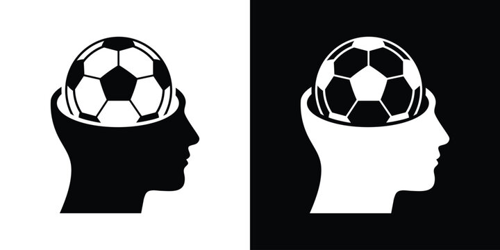 Human head profile icon with a soccer ball inside the brain. Concept for sports psychology, football tactics, training, and mindset.