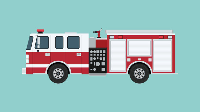 Fire truck side view with pumper engine design for firefighting, emergency response, and rescue operation, flat vector illustration