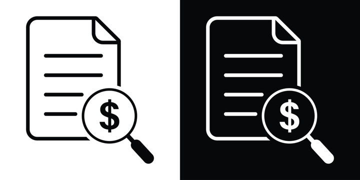 Financial document icon with magnifying glass and dollar sign. Financial audit, tax review, or budget analysis concept vector.