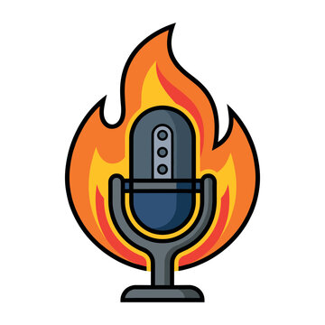 Microphone icon with flames, symbolizing popular audio content, trending podcasts, live broadcasting, and engaging discussions