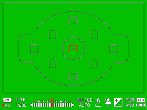 Modern photo of videocamera focusing screen isolated - digital, mirorless, DSLR, cameraphone. Viewfinder camera recording. 8K ready detailed template. Chroma key style isolated. Vector illustration
