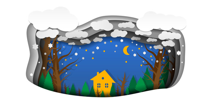 Marry Christmas and Happy New Year paper layered art paper card. House, trees, sonw, clouds. Fairy tale night village. Blue and white style Xmas concept. Vector illustration