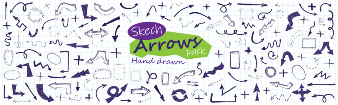 Big pack of blue ink grunge doodle hand drawn arrows, plus signs and border frames isolated on school blue notebook retro realistic seamless texture. Sketch style ink symbols collection. Vector illust