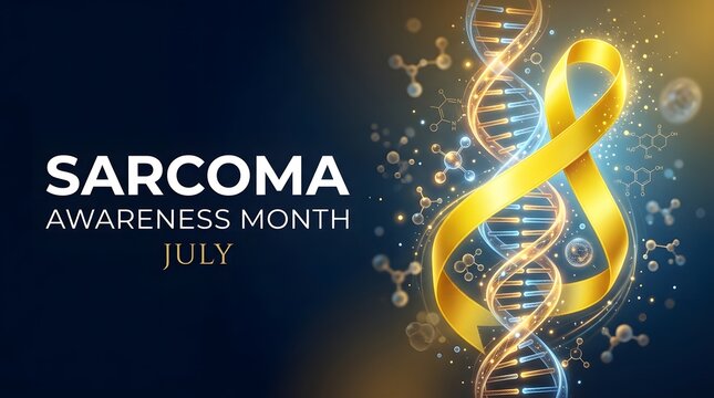 Sarcoma awareness month july ribbon with dna helix and molecular structures
