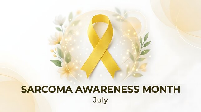 Sarcoma awareness month campaign with yellow ribbon and floral arrangement