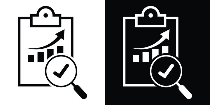 Clipboard icon holding a business performance trend graph alongside a magnifying glass checkmark. Ideal vector for market research auditing and financial trend analysis.