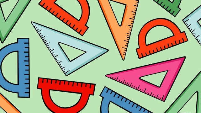 Bright repeating pattern of protractors, triangular rulers, and measuring tools on a soft green background. Ideal for school, mathematics, education, stationery, learning, and creative footage.