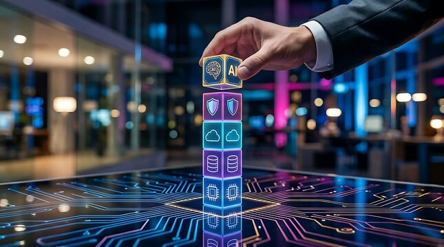 Professional hand places AI cube atop a stack of data, cloud, and security icons, signifying the future of integrated intelligent systems.