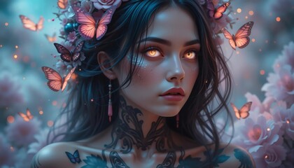 Naklejka premium Enchanted woman with butterflies in dreamy twilight glow