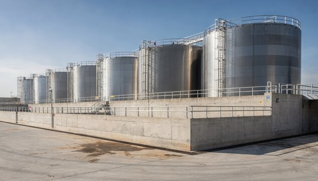 Medium shot of a tank farm featuring vertical storage tanks enclosed by reinforced concrete containment dikes and safety railings under clear sky conditions.