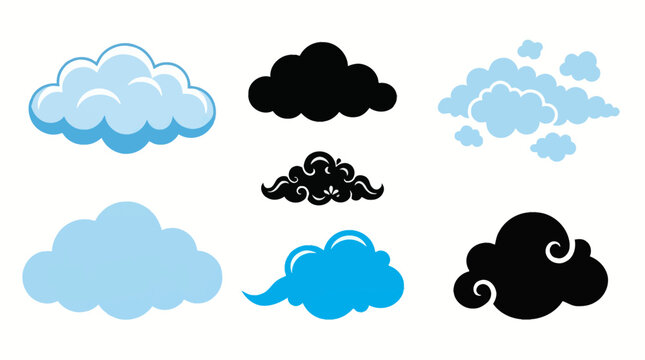 set of vector collection featuring different cartoon cloud designs, fluffy rounded cloud, cute puffy cloud, large soft cloud, small decorative cloud, playful sky cloud, whimsical cloud shape