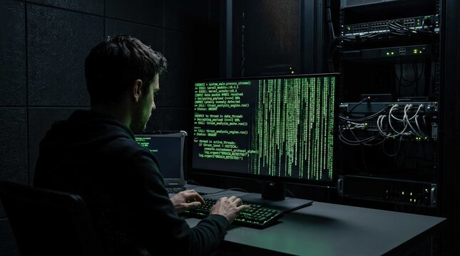 A Focused Developer Working In A Dark Server Room With Green Matrix Style Code Displayed On A Computer Screen. This Widescreen Image Captures A Modern Digital Security Concept And Technical Data.