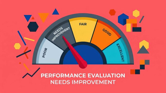 A colorful speedometer style performance evaluation gauge graphic, showing a needle pointing to the Needs Improvement section on a vibrant coral background with geometric shapes and playful design.