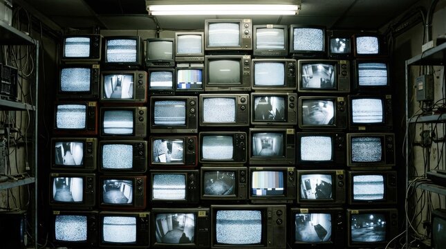 A cinematic widescreen display featuring a densely packed wall of vintage cathode ray tube televisions, with many screens showing static interference or flickering signals in a dark room.