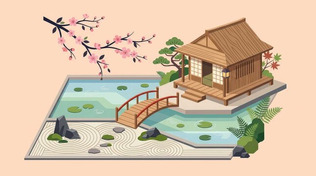 Isometric illustration of a tranquil Japanese garden featuring a traditional wooden house, a red arched bridge over a pond with lotus leaves, and a serene raked sand stone landscape design.