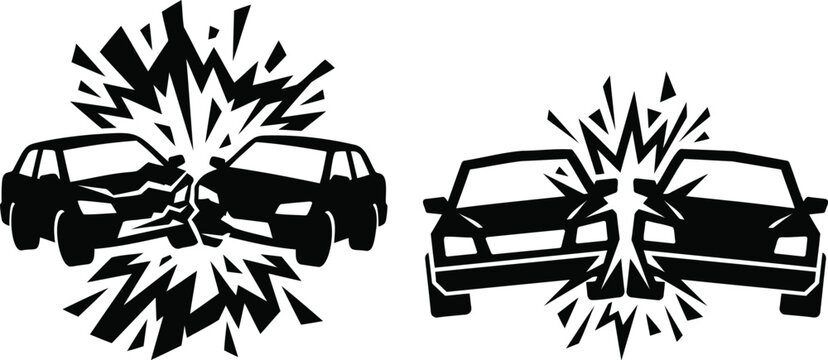 Two cars colliding in a road accident icon set