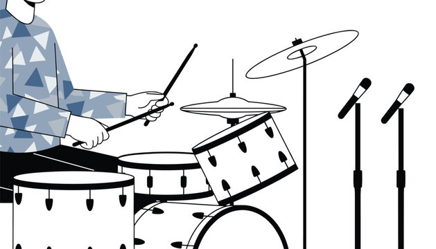 Musician playing a drum set featuring a patterned shirt near professional microphones for a recording or live broadcasting musical performance.