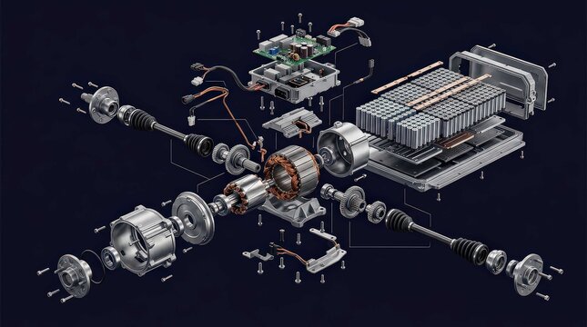 Exploded View Technical Illustration of an Electric Vehicle Powertrain, Featuring Battery Cells, Electric Motor, and Drivetrain Components in a Detailed 3D Widescreen Automotive Engineering Render.