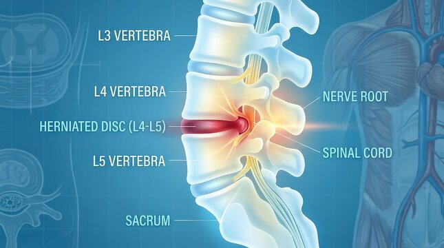 Medical illustration showing a herniated lumbar disc between the L4 and L5 vertebrae with nerve compression, detailed clinical diagram for health education, clinical research, and pain management.