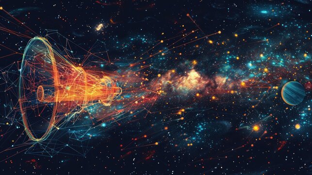 A glowing, abstract megaphone,  made of lines, points, and glowing particles, blasts across a nebula filled with stars and constellations.