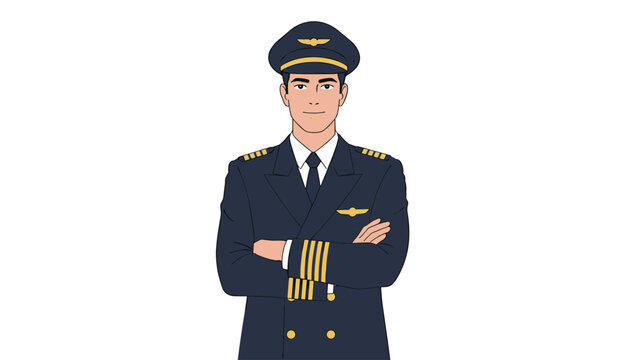 Professional airline pilot standing with arms crossed wearing a navy blue uniform and captain hat on a plain white background.