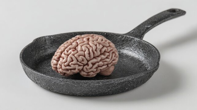 Human brain in a frying pan on white background, conceptual image for creative cooking and culinary arts