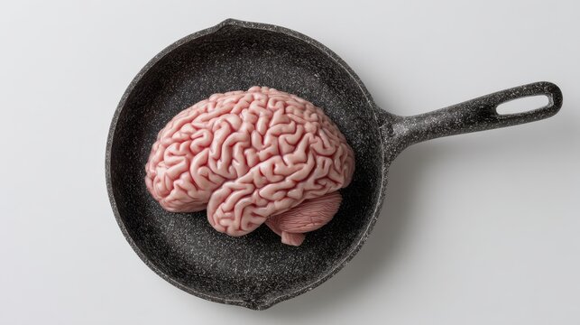 Human brain in a frying pan on white background, conceptual image for creative cooking and culinary arts