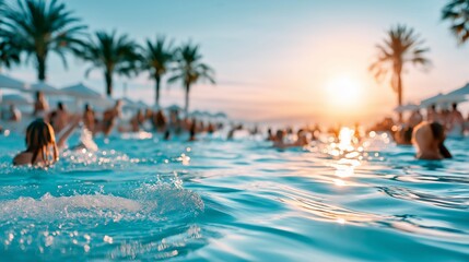 Fototapeta premium People enjoying swimming pool party at sunset with palm trees and clear blue water in a tropical resort vacation destination