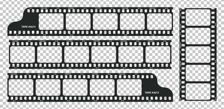Vintage movie film long strip template pack isolated on transparent background. Cinema and filmmaking overlay. Retro video cinema or photograph camera screen. Vector illustration